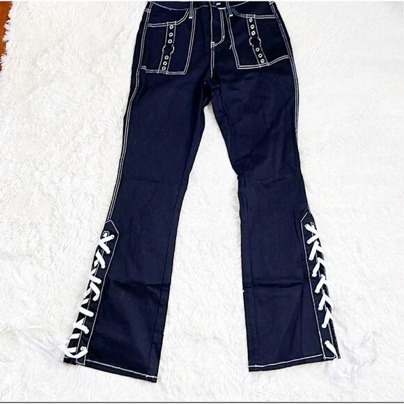 Hot Topic Denim high rise carpenter lace up wide leg pants Size Large - Picture 1 of 6